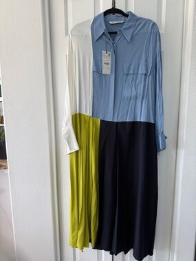 NWT Zara Pleated Patchwork Long Shirt Dress, L